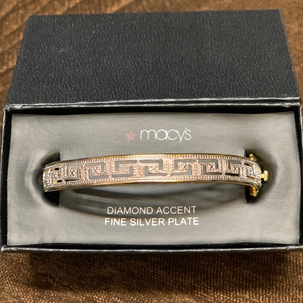 Diamond Accent Greek Key Style Silver Plated Bangle